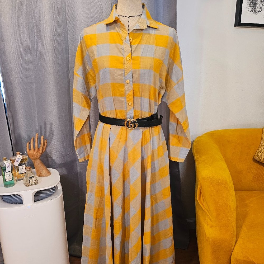 VINTAGE The American Shirt Dress - Grey & Mustard - With POCKETS!!!